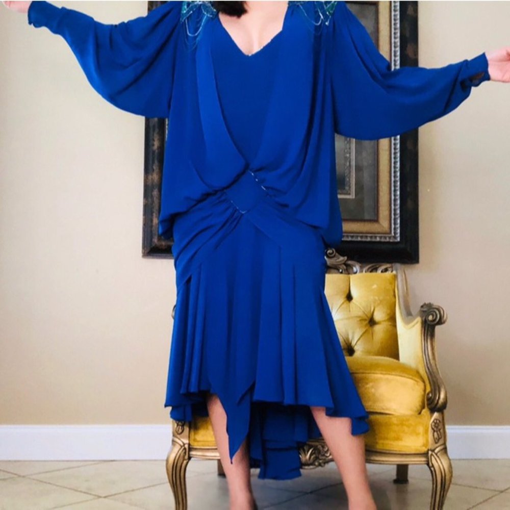 80s DOES FLAPPER ROYAL BLUE DROP DOWN DRAPED DRESS